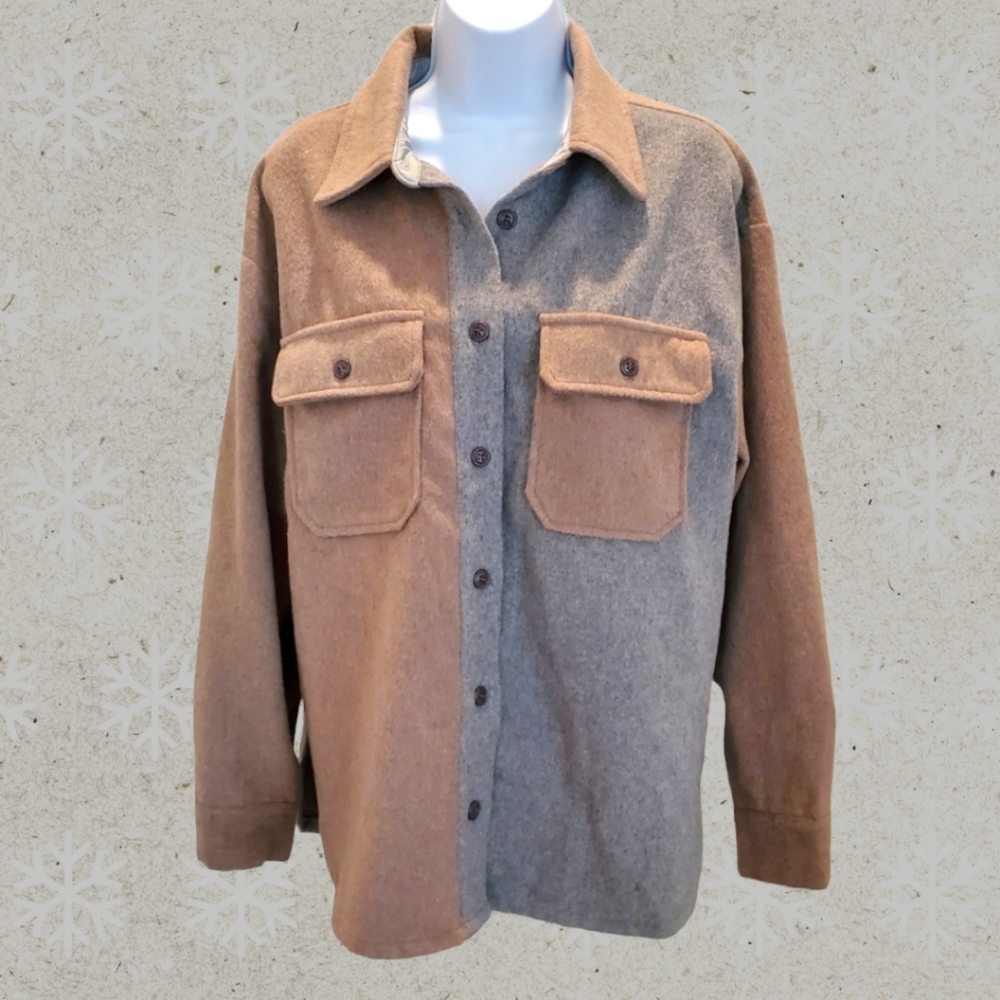 Button front shirt jacket, shacket, gray and taupe, medium, NWT